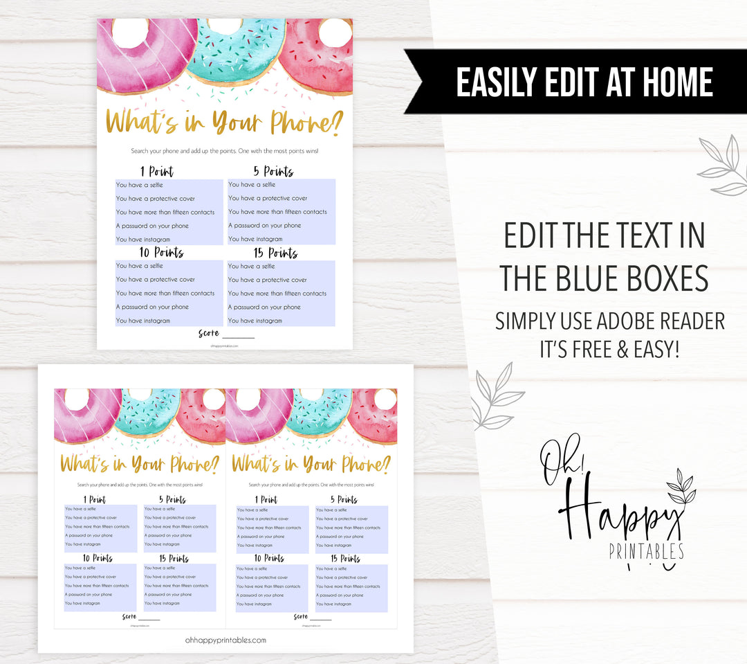 editable baby shower games, whats in your phone game, Printable baby shower games, donut baby games, baby shower games, fun baby shower ideas, top baby shower ideas, donut sprinkles baby shower, baby shower games, fun donut baby shower ideas