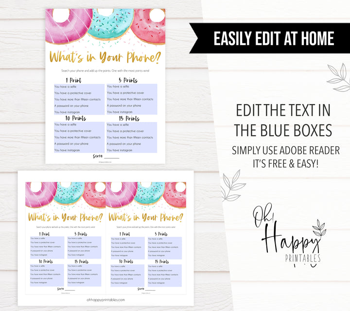 editable baby shower games, whats in your phone game, Printable baby shower games, donut baby games, baby shower games, fun baby shower ideas, top baby shower ideas, donut sprinkles baby shower, baby shower games, fun donut baby shower ideas
