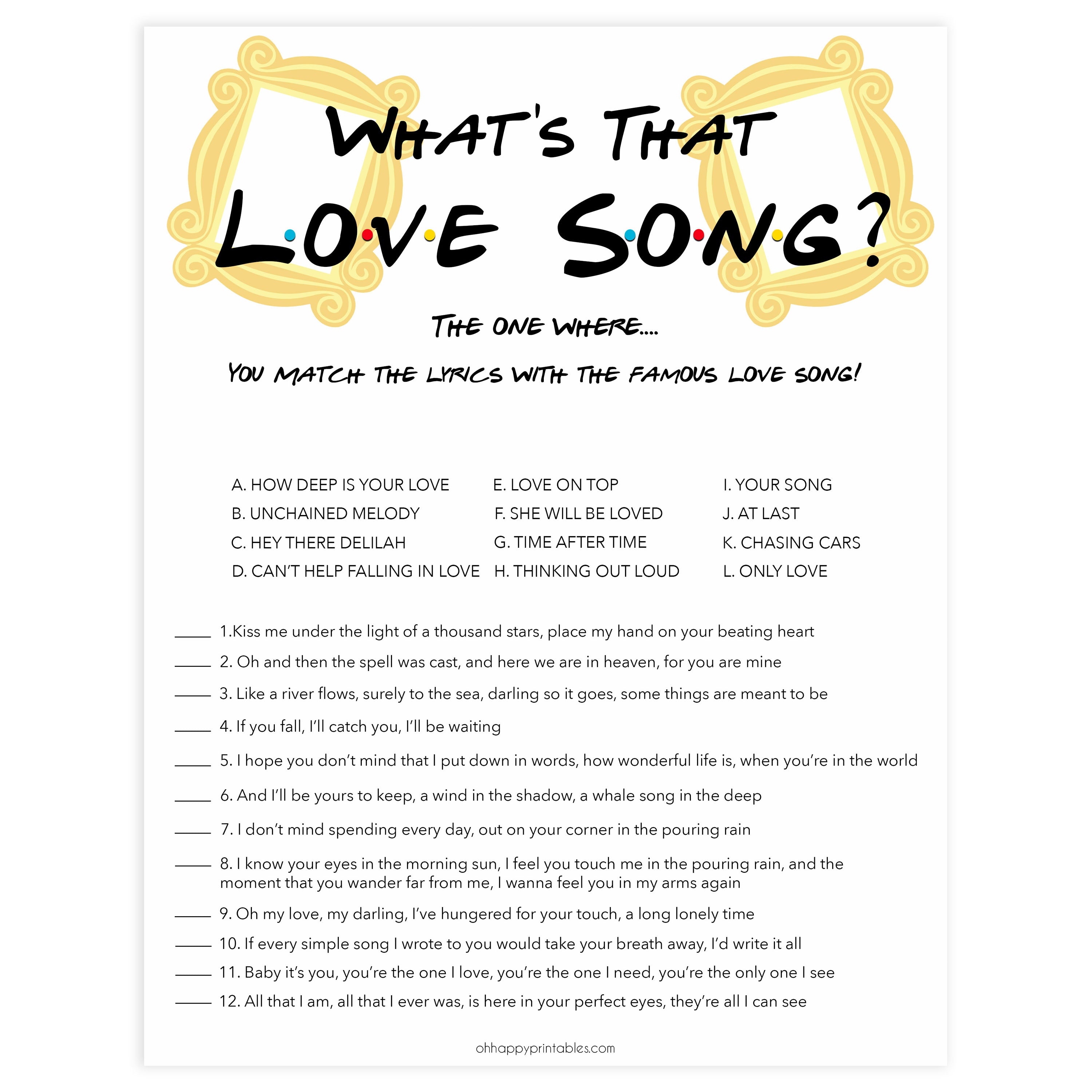 whats that love song game, love song guessing game, Printable bridal shower games, friends bridal shower, friends bridal shower games, fun bridal shower games, bridal shower game ideas, friends bridal shower