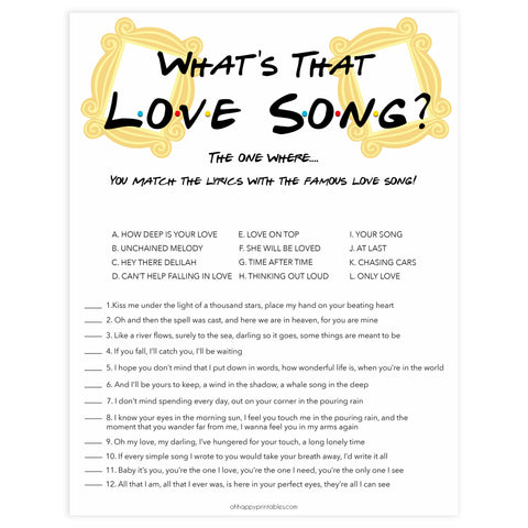 whats that love song game, love song guessing game, Printable bridal shower games, friends bridal shower, friends bridal shower games, fun bridal shower games, bridal shower game ideas, friends bridal shower