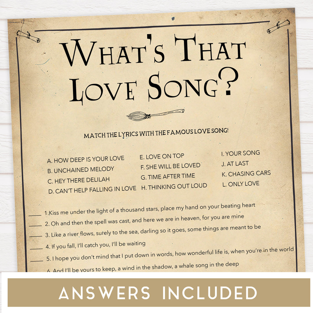 whats your love song game, Printable bridal shower games, Harry potter bridal shower, Harry Potter bridal shower games, fun bridal shower games, bridal shower game ideas, Harry Potter bridal shower
