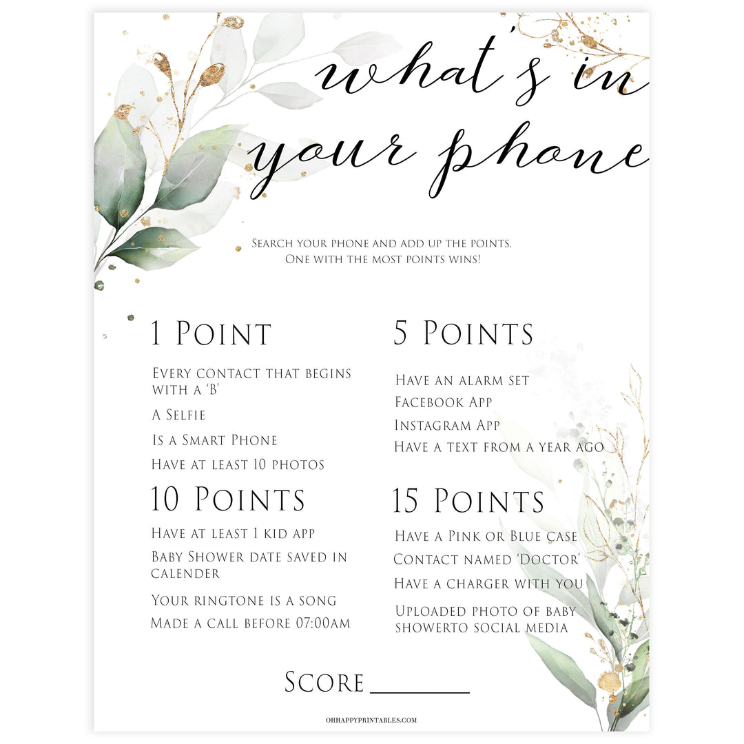 Gold green leaf baby games, whats in your phone, printable baby games, fun baby games, top baby games to play, gold leaf baby shower, greenery baby shower ideas