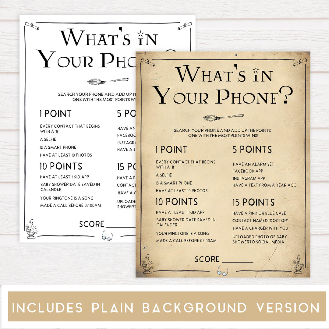 Whats in your phone, Wizard baby shower games, printable baby shower games, Harry Potter baby games, Harry Potter baby shower, fun baby shower games,  fun baby ideas