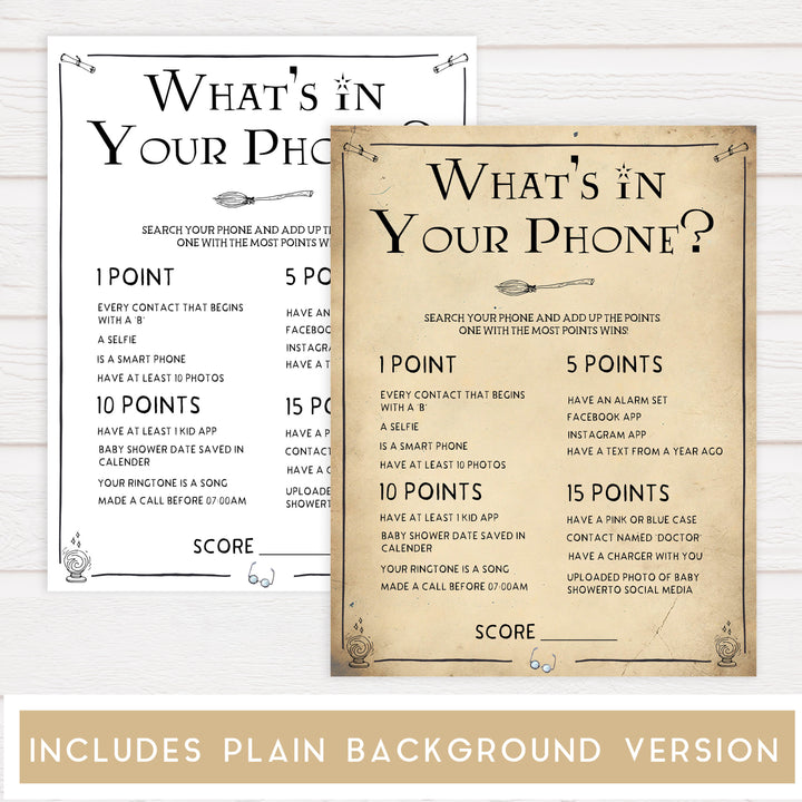 Whats in your phone, Wizard baby shower games, printable baby shower games, Harry Potter baby games, Harry Potter baby shower, fun baby shower games,  fun baby ideas