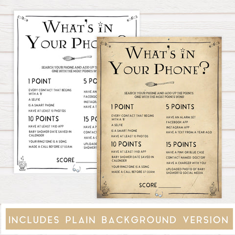 Whats in your phone, Wizard baby shower games, printable baby shower games, Harry Potter baby games, Harry Potter baby shower, fun baby shower games,  fun baby ideas