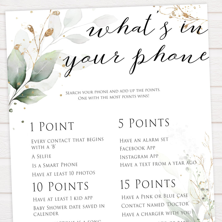 Gold green leaf baby games, whats in your phone, printable baby games, fun baby games, top baby games to play, gold leaf baby shower, greenery baby shower ideas