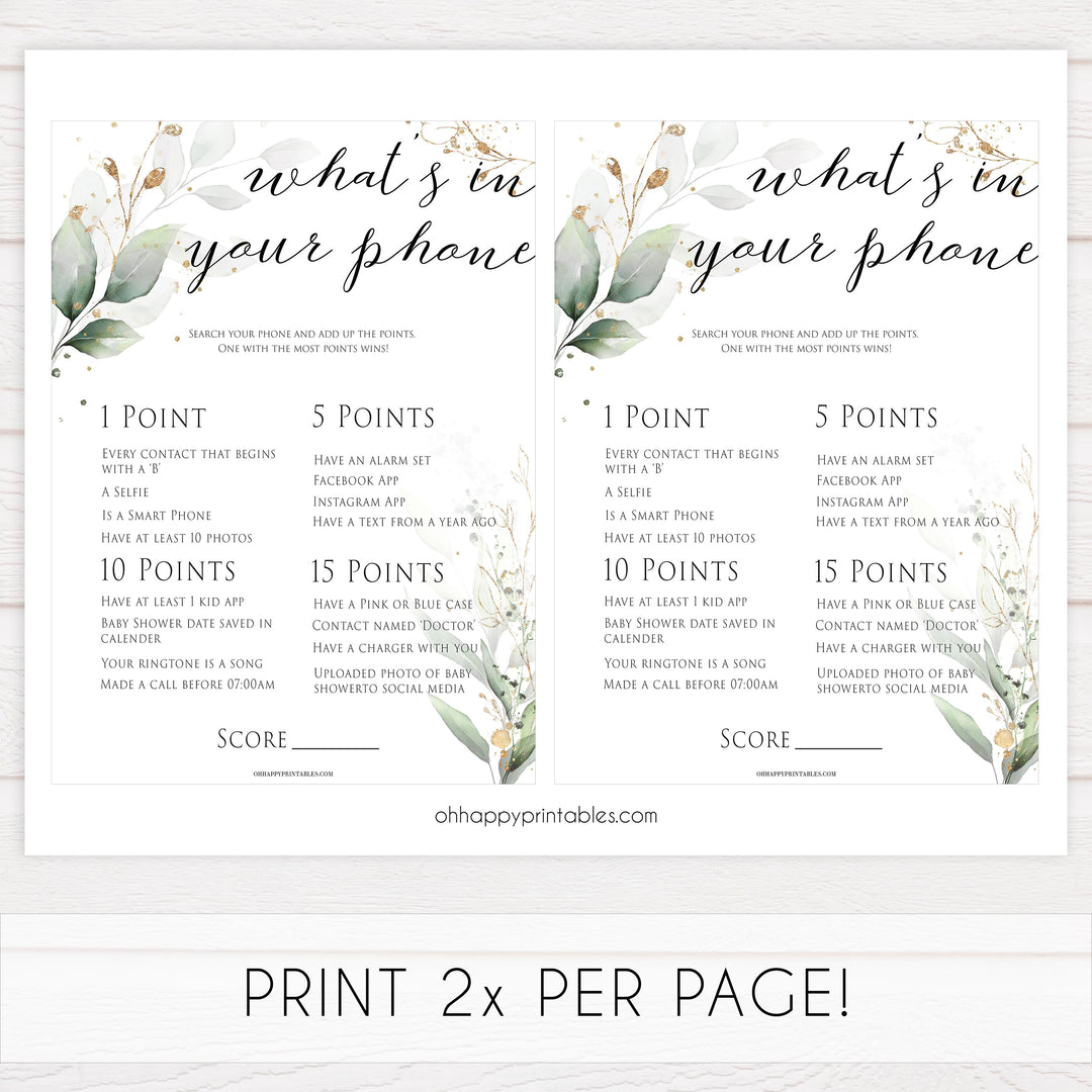 Gold green leaf baby games, whats in your phone, printable baby games, fun baby games, top baby games to play, gold leaf baby shower, greenery baby shower ideas