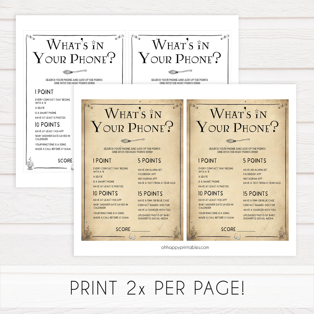 Whats in your phone, Wizard baby shower games, printable baby shower games, Harry Potter baby games, Harry Potter baby shower, fun baby shower games,  fun baby ideas