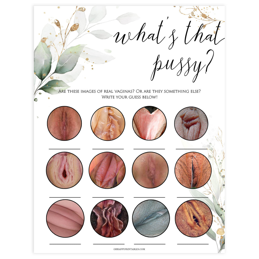 whats that pussy game, Printable bachelorette games, greenery bachelorette, gold leaf hen party games, fun hen party games, bachelorette game ideas, greenery adult party games, naughty hen games, naughty bachelorette games