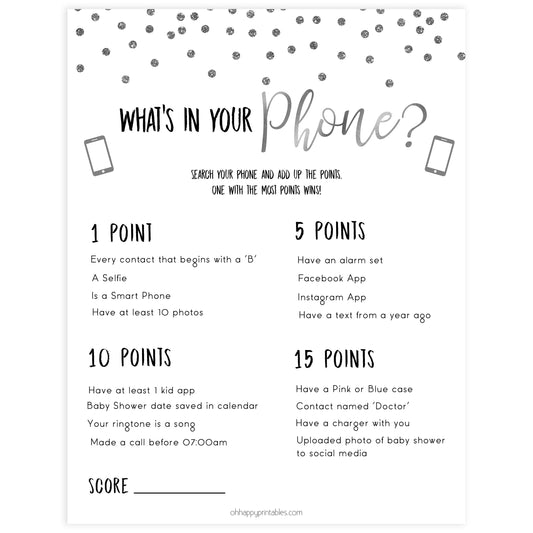 whats in your phone, Printable baby shower games, baby silver glitter fun baby games, baby shower games, fun baby shower ideas, top baby shower ideas, silver glitter shower baby shower, friends baby shower ideas