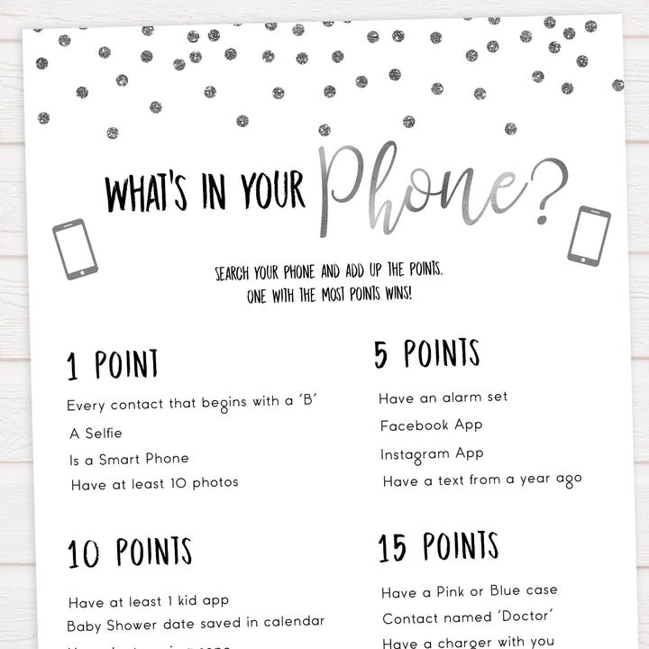 whats in your phone, Printable baby shower games, baby silver glitter fun baby games, baby shower games, fun baby shower ideas, top baby shower ideas, silver glitter shower baby shower, friends baby shower ideas
