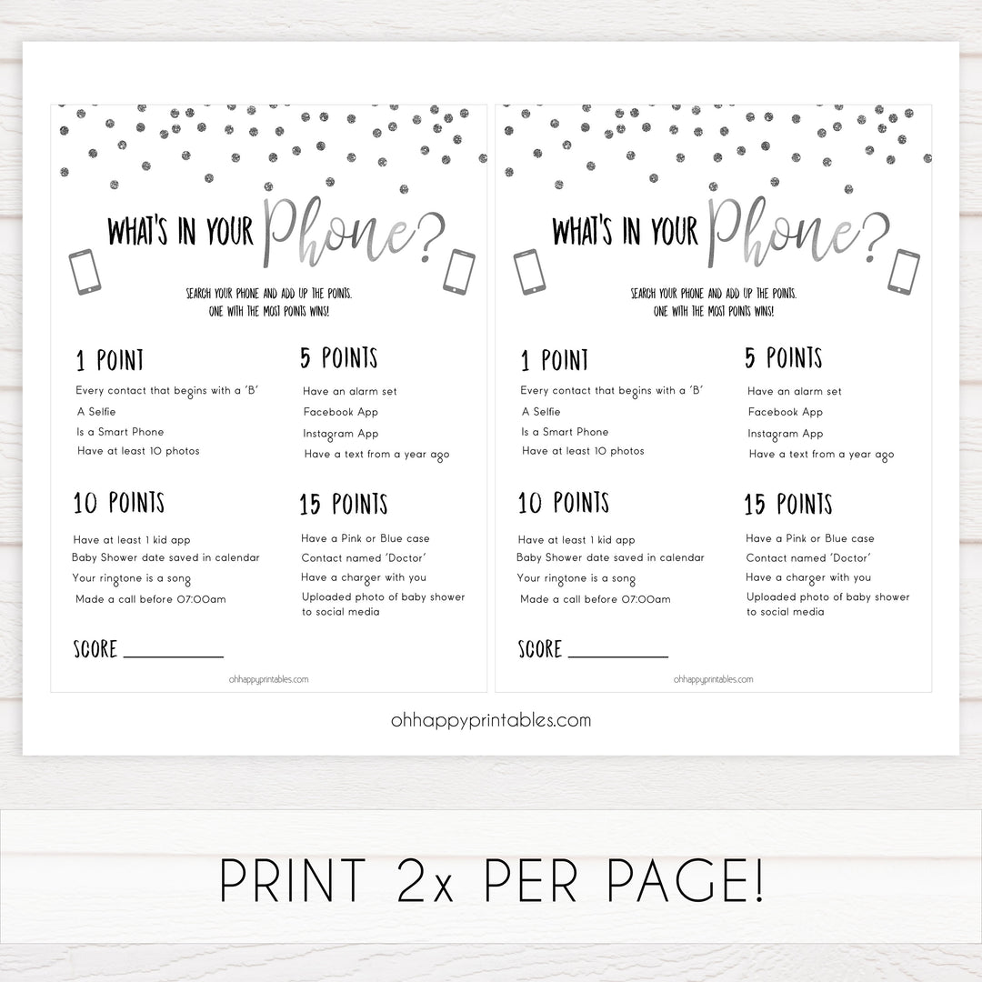 whats in your phone, Printable baby shower games, baby silver glitter fun baby games, baby shower games, fun baby shower ideas, top baby shower ideas, silver glitter shower baby shower, friends baby shower ideas