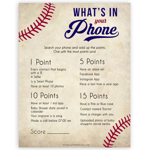 Whats In Your Phone Baby Shower Game, Baseball Baby Games, Baby Shower Games, Baseball Whats on Your Phone, Baby Shower Phone Game, printable baby shower games, fun baby shower games, popular baby shower games