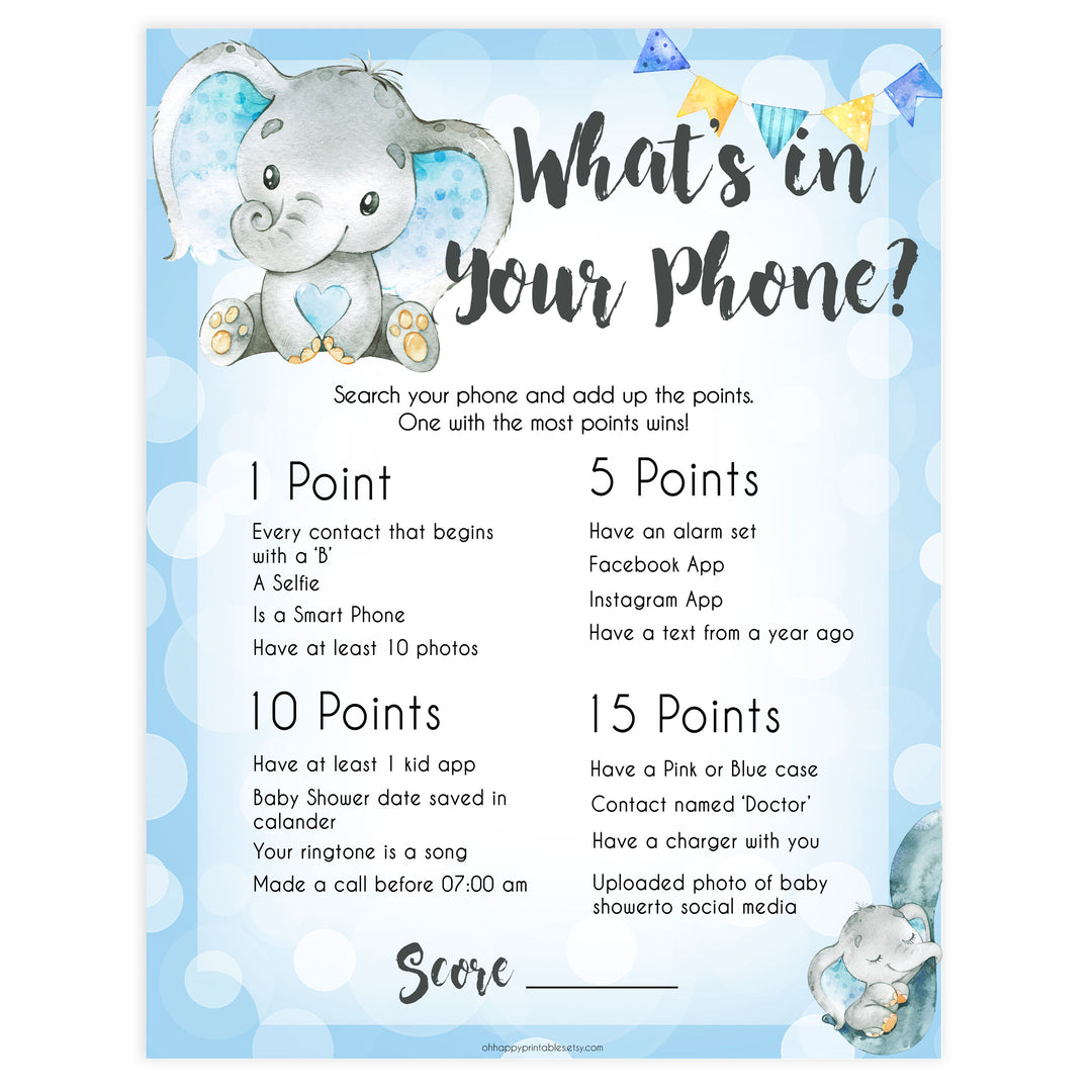 Blue elephant baby games, whats in your phone, elephant baby games, printable baby games, top baby games, best baby shower games, baby shower ideas, fun baby games, elephant baby shower