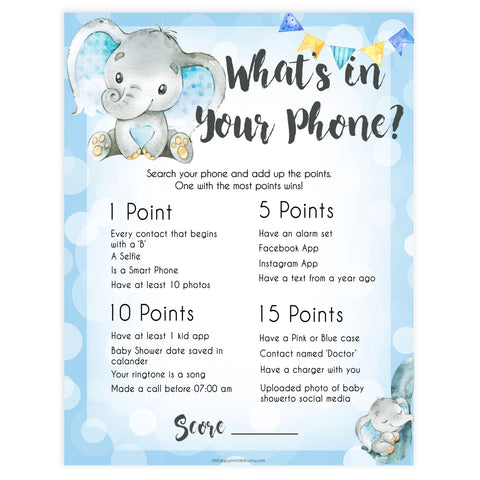 Blue elephant baby games, whats in your phone, elephant baby games, printable baby games, top baby games, best baby shower games, baby shower ideas, fun baby games, elephant baby shower