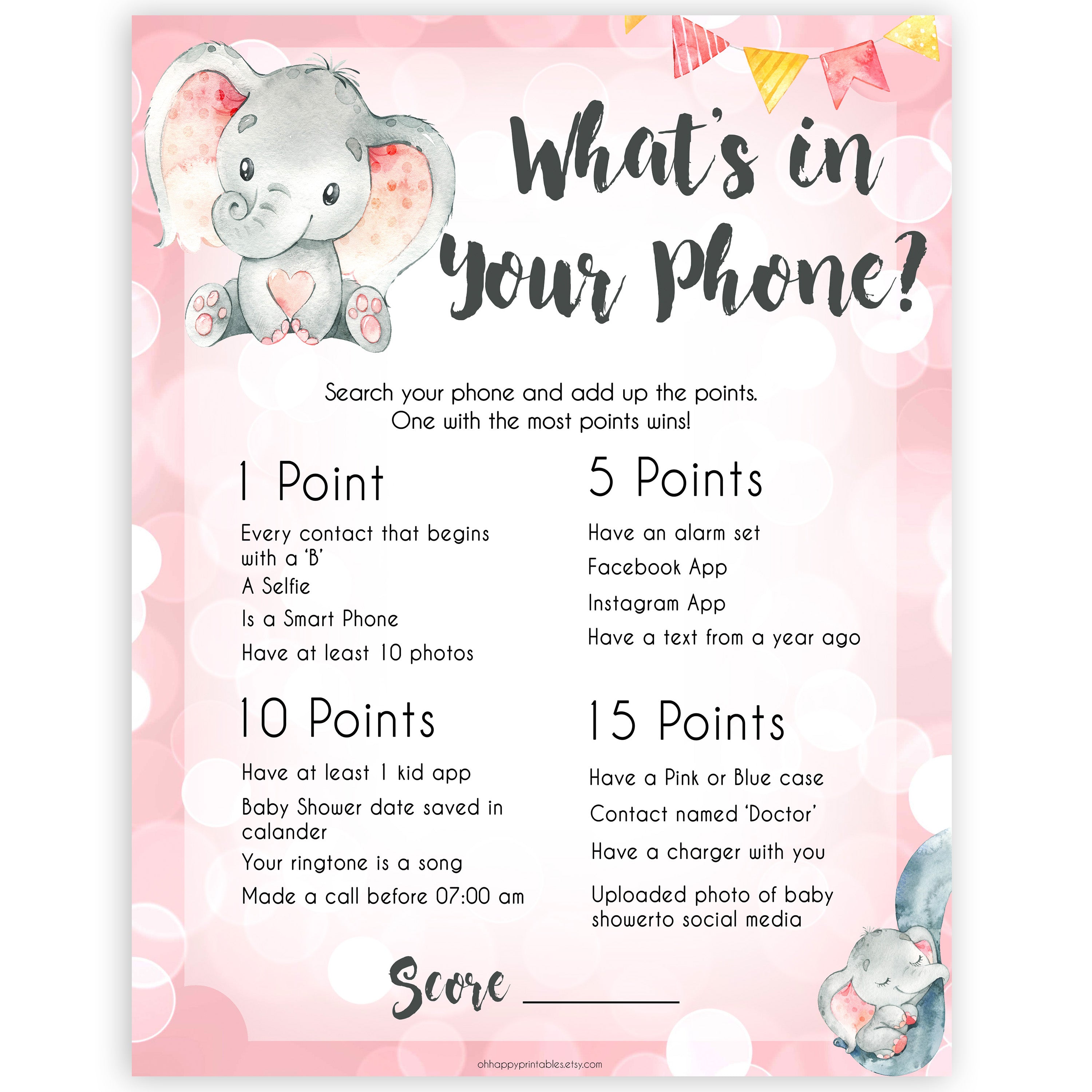 pink elephant baby games, whats in your phone baby shower games, printable baby shower games, baby shower games, fun baby games, popular baby games, pink baby games
