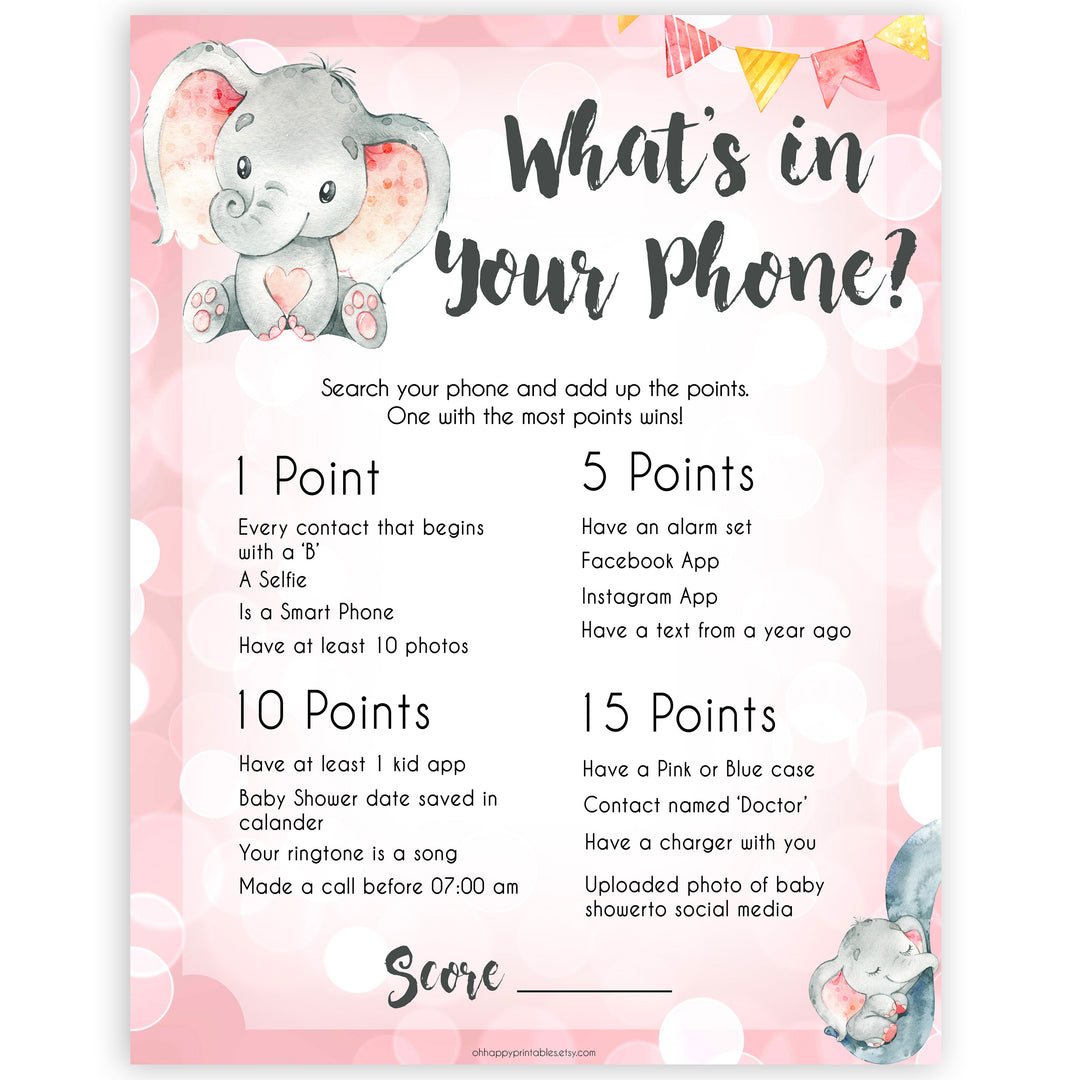 pink elephant baby games, whats in your phone baby shower games, printable baby shower games, baby shower games, fun baby games, popular baby games, pink baby games
