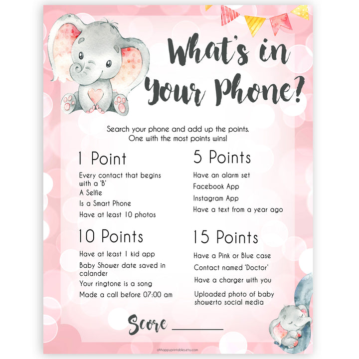 pink elephant baby games, whats in your phone baby shower games, printable baby shower games, baby shower games, fun baby games, popular baby games, pink baby games