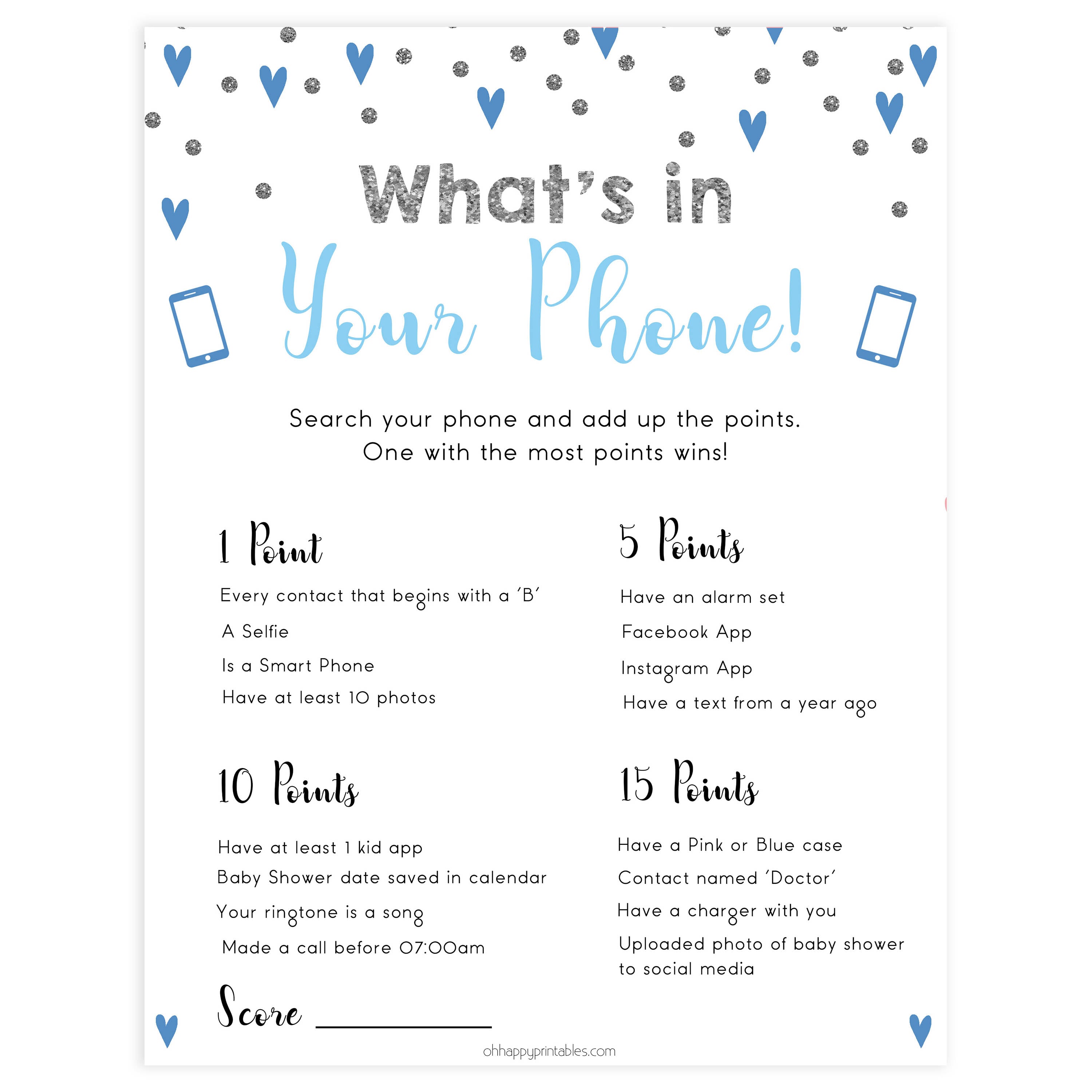 whats in your phone game, Printable baby shower games, small blue hearts fun baby games, baby shower games, fun baby shower ideas, top baby shower ideas, silver baby shower, blue hearts baby shower ideas