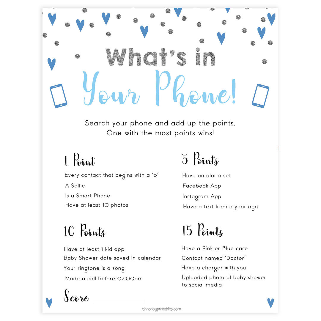 whats in your phone game, Printable baby shower games, small blue hearts fun baby games, baby shower games, fun baby shower ideas, top baby shower ideas, silver baby shower, blue hearts baby shower ideas