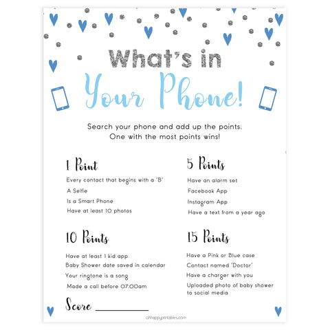whats in your phone game, Printable baby shower games, small blue hearts fun baby games, baby shower games, fun baby shower ideas, top baby shower ideas, silver baby shower, blue hearts baby shower ideas
