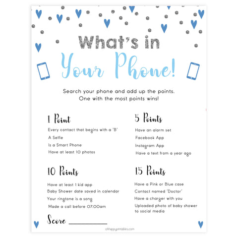 whats in your phone game, Printable baby shower games, small blue hearts fun baby games, baby shower games, fun baby shower ideas, top baby shower ideas, silver baby shower, blue hearts baby shower ideas