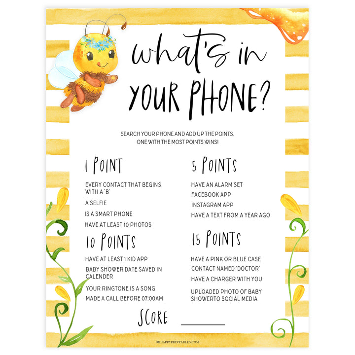 whats in your phone game, Printable baby shower games, mommy bee fun baby games, baby shower games, fun baby shower ideas, top baby shower ideas, mommy to bee baby shower, friends baby shower ideas