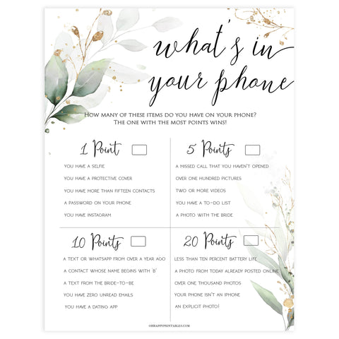 whats in your phone game, Printable bridal shower games, greenery bridal shower, gold leaf bridal shower games, fun bridal shower games, bridal shower game ideas, greenery bridal shower