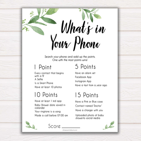 Botanical Whats In Your Phone Baby Shower Game, Greenery Baby Games, Baby Shower Games, Whats on Your Phone, Baby Shower Phone Game