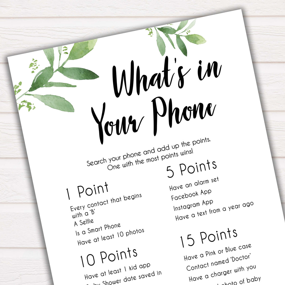 Botanical Whats In Your Phone Baby Shower Game, Greenery Baby Games, Baby Shower Games, Whats on Your Phone, Baby Shower Phone Game