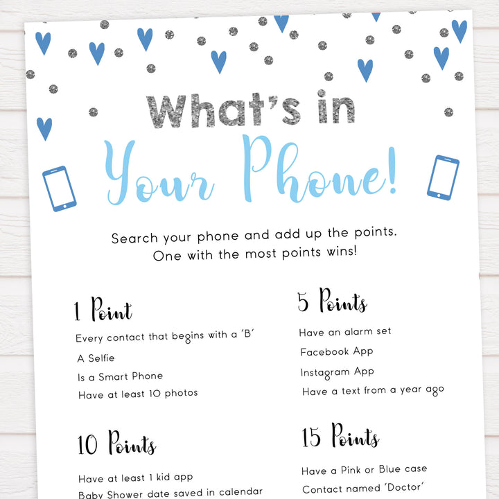whats in your phone game, Printable baby shower games, small blue hearts fun baby games, baby shower games, fun baby shower ideas, top baby shower ideas, silver baby shower, blue hearts baby shower ideas