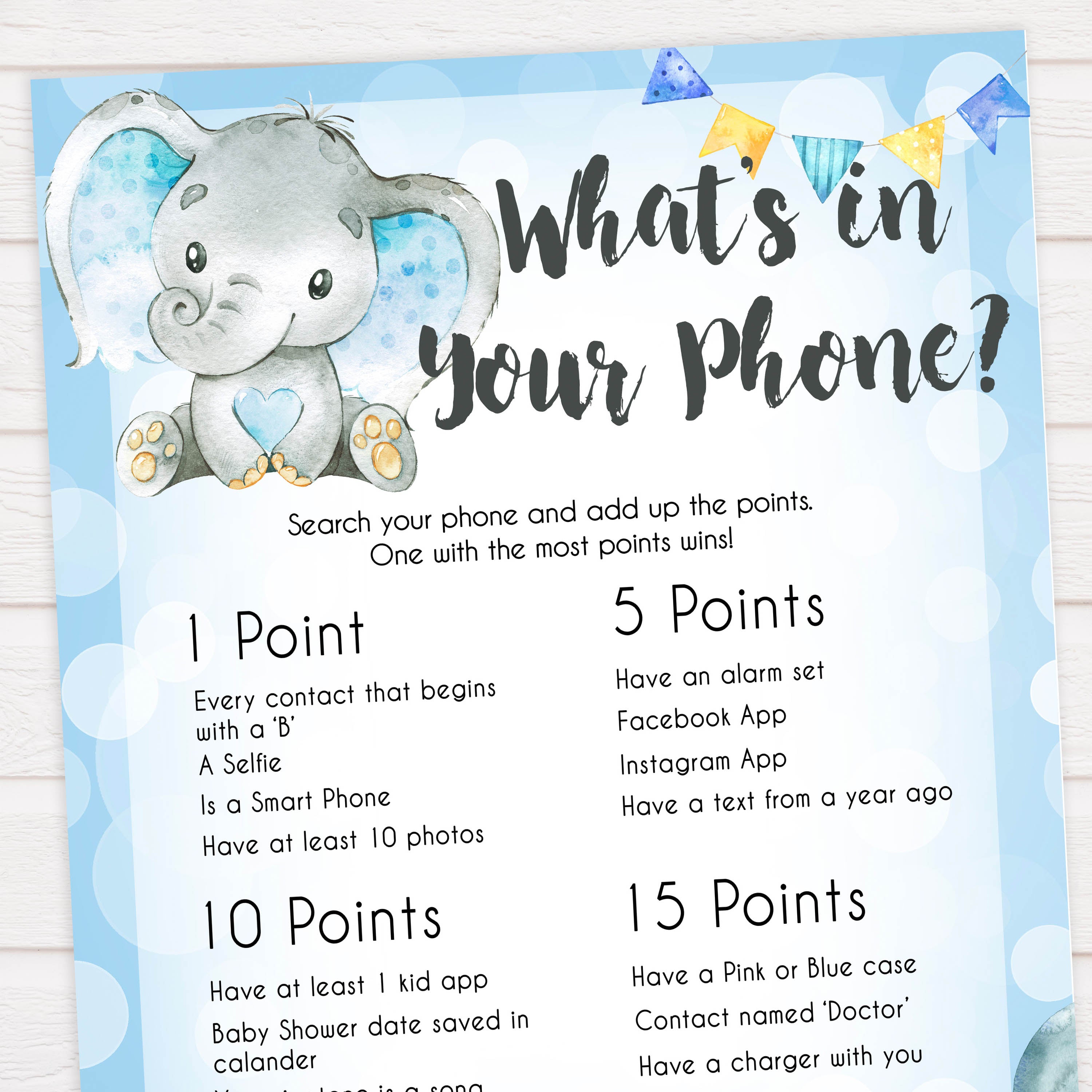 Blue elephant baby games, whats in your phone, elephant baby games, printable baby games, top baby games, best baby shower games, baby shower ideas, fun baby games, elephant baby shower