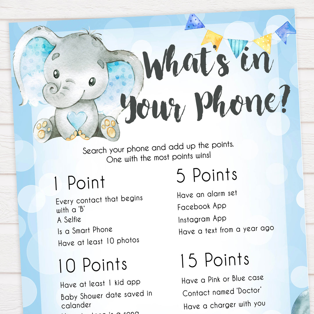 Blue elephant baby games, whats in your phone, elephant baby games, printable baby games, top baby games, best baby shower games, baby shower ideas, fun baby games, elephant baby shower