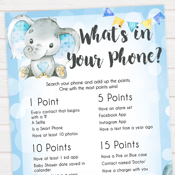 Blue elephant baby games, whats in your phone, elephant baby games, printable baby games, top baby games, best baby shower games, baby shower ideas, fun baby games, elephant baby shower