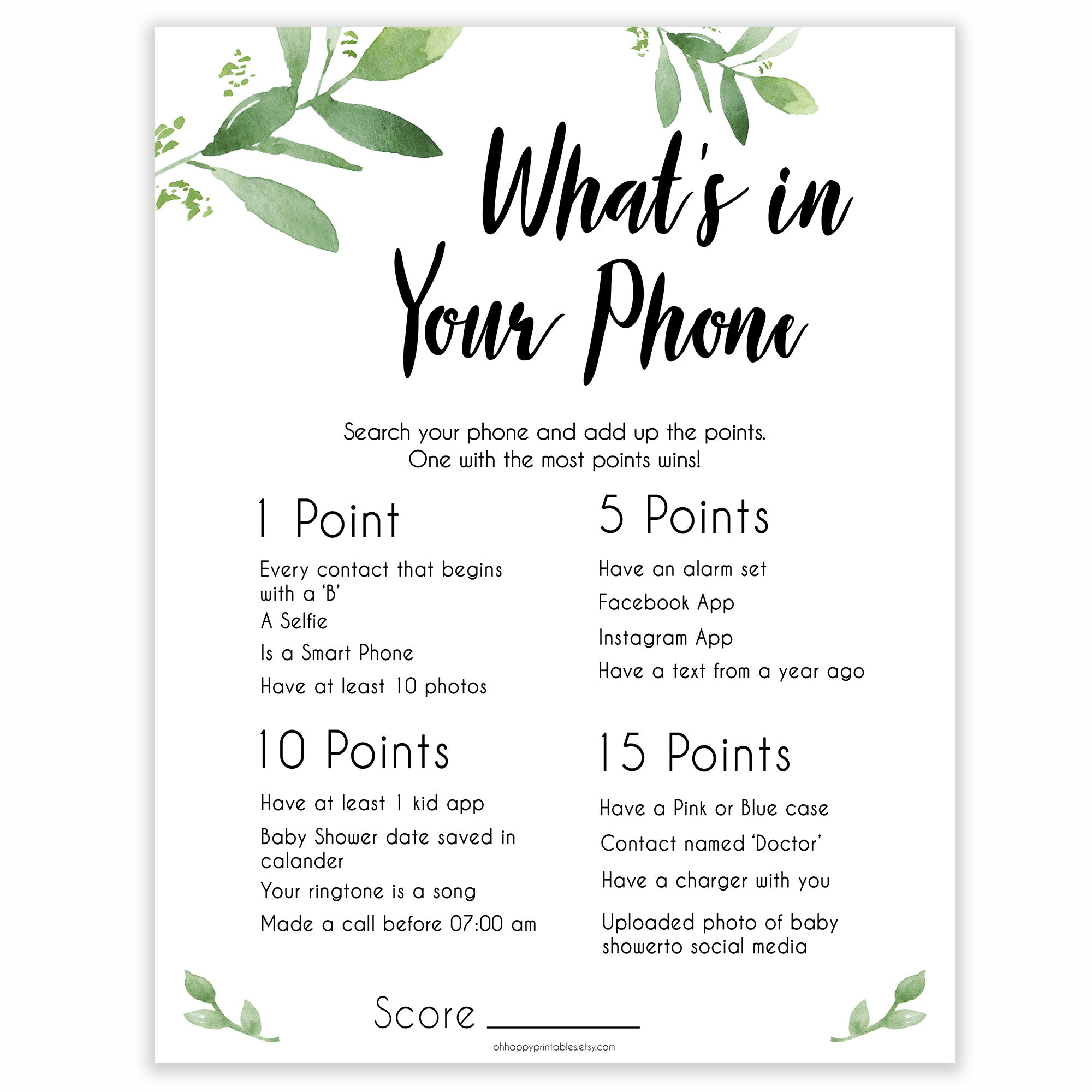 Whats In Your Phone Game - Botanical Baby Shower Games