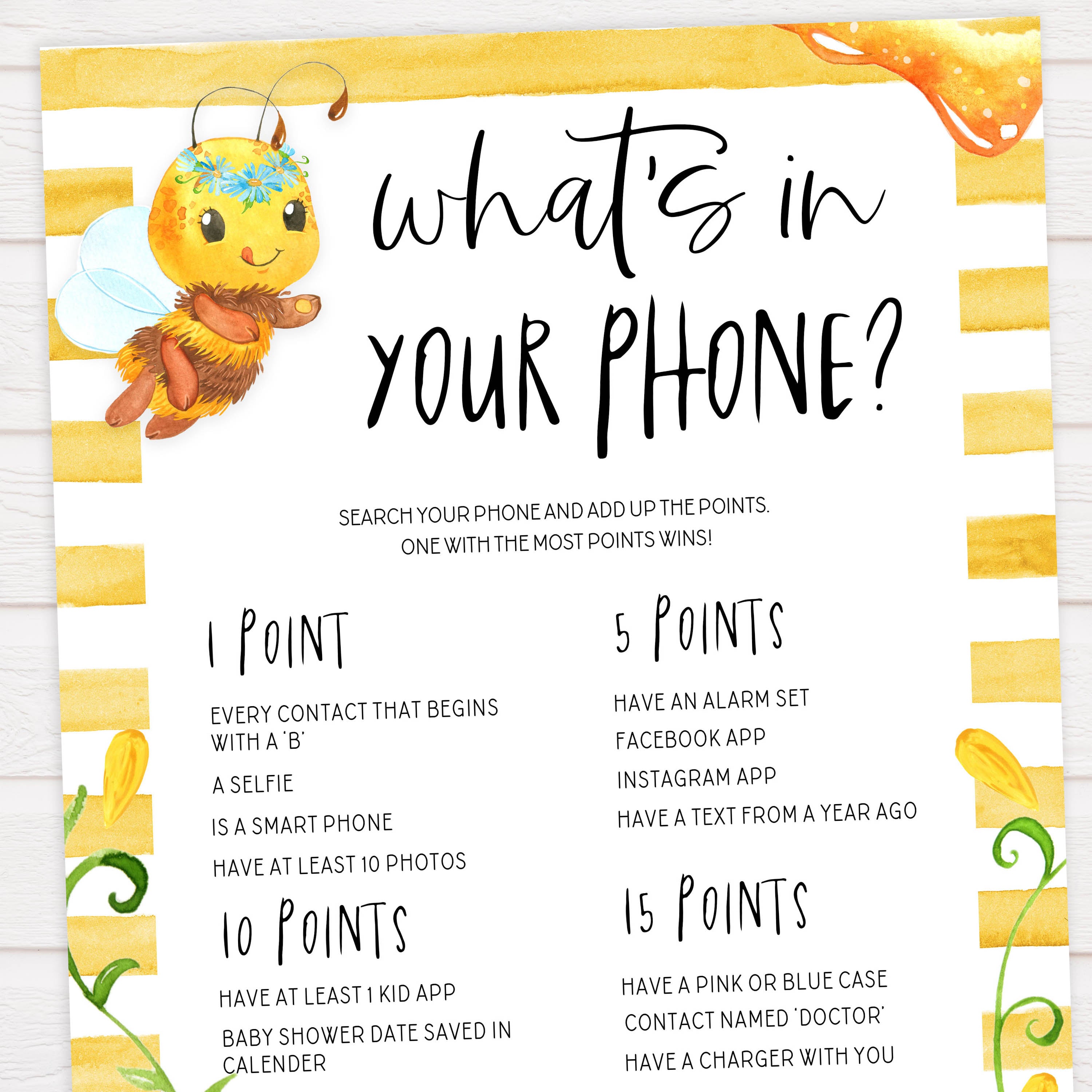 whats in your phone game, Printable baby shower games, mommy bee fun baby games, baby shower games, fun baby shower ideas, top baby shower ideas, mommy to bee baby shower, friends baby shower ideas