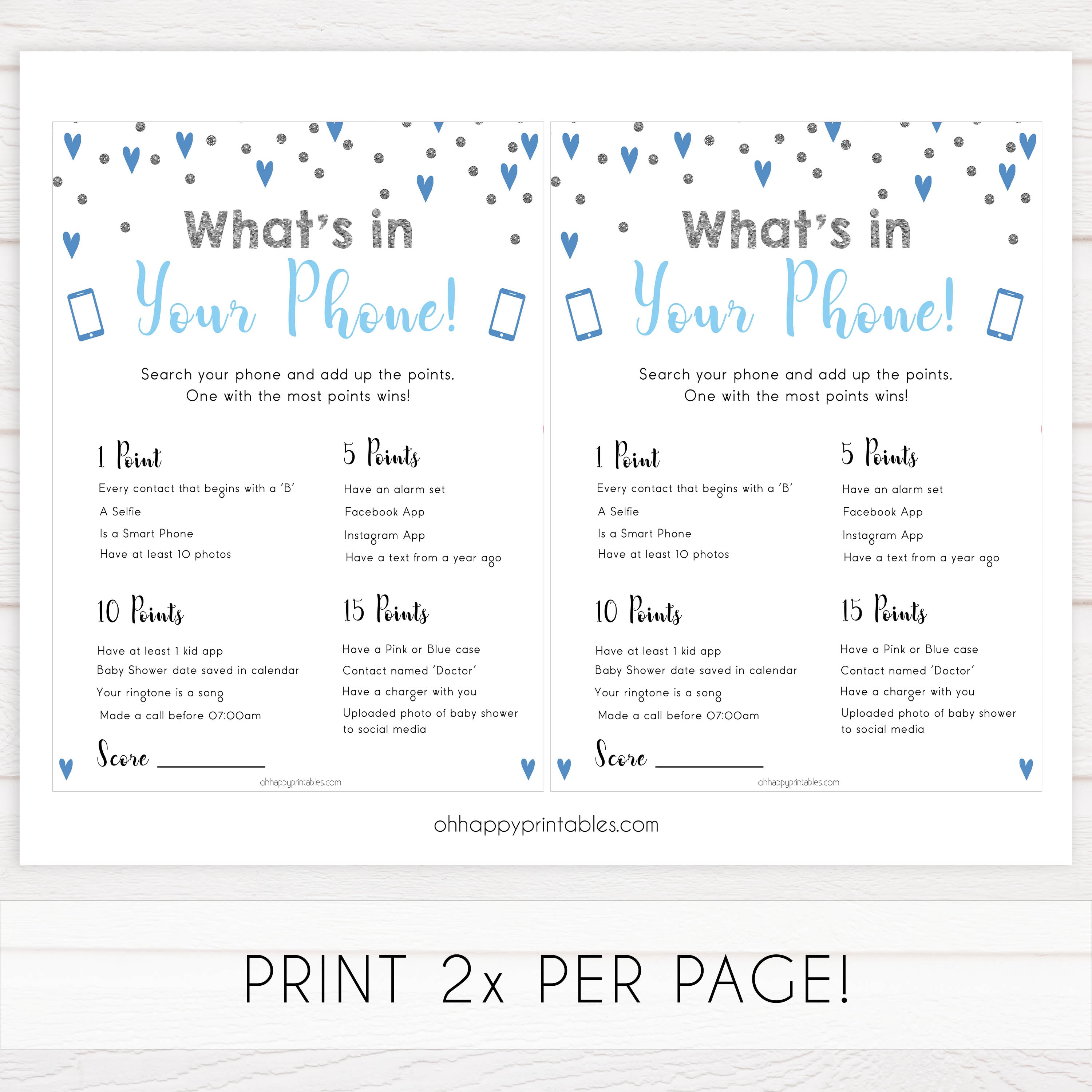 whats in your phone game, Printable baby shower games, small blue hearts fun baby games, baby shower games, fun baby shower ideas, top baby shower ideas, silver baby shower, blue hearts baby shower ideas