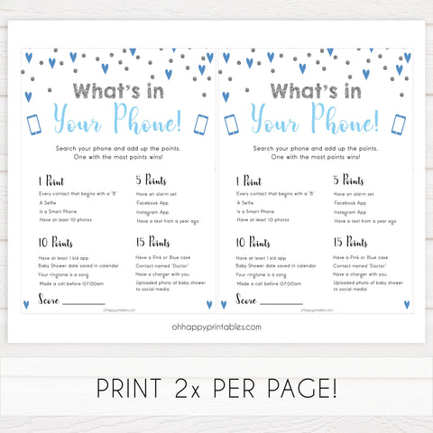 whats in your phone game, Printable baby shower games, small blue hearts fun baby games, baby shower games, fun baby shower ideas, top baby shower ideas, silver baby shower, blue hearts baby shower ideas