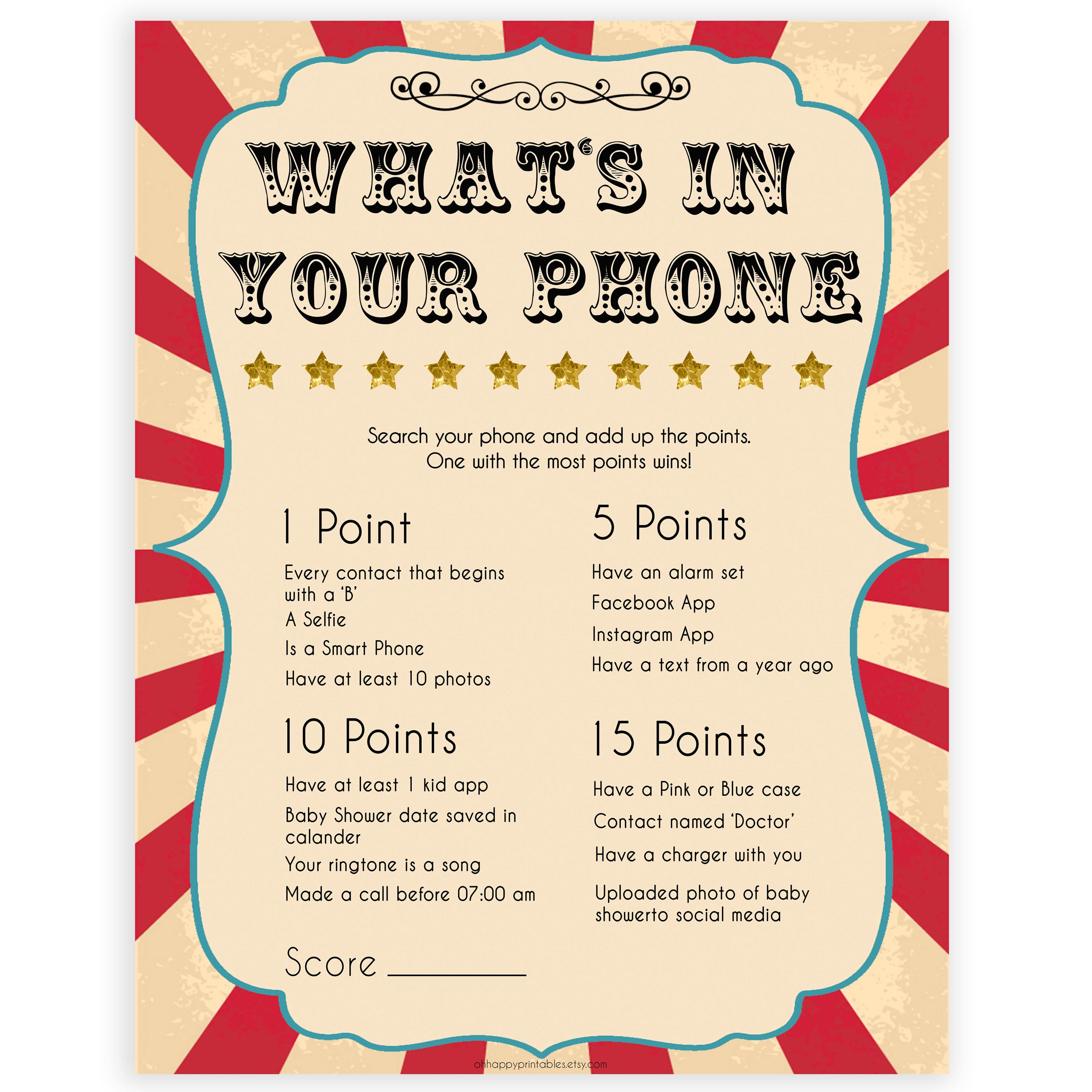 Whats In Your Phone Game - Circus Printable Baby Shower Games