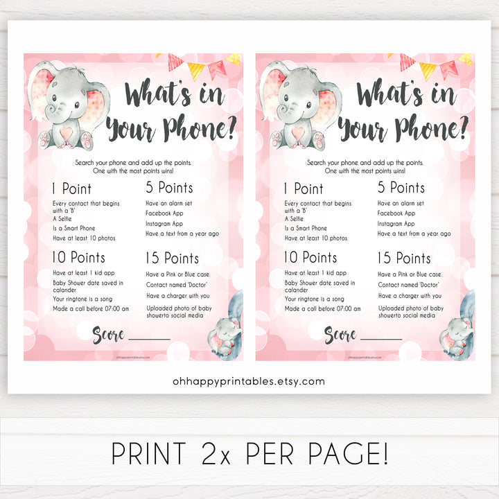 pink elephant baby games, whats in your phone baby shower games, printable baby shower games, baby shower games, fun baby games, popular baby games, pink baby games