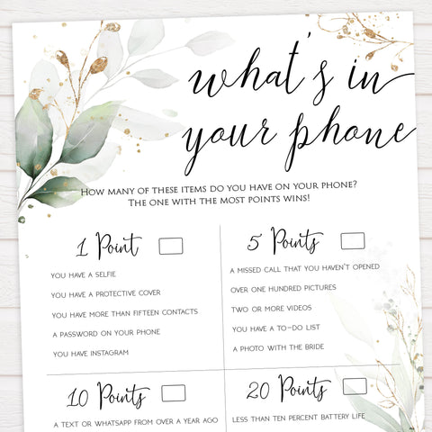 whats in your phone game, Printable bridal shower games, greenery bridal shower, gold leaf bridal shower games, fun bridal shower games, bridal shower game ideas, greenery bridal shower