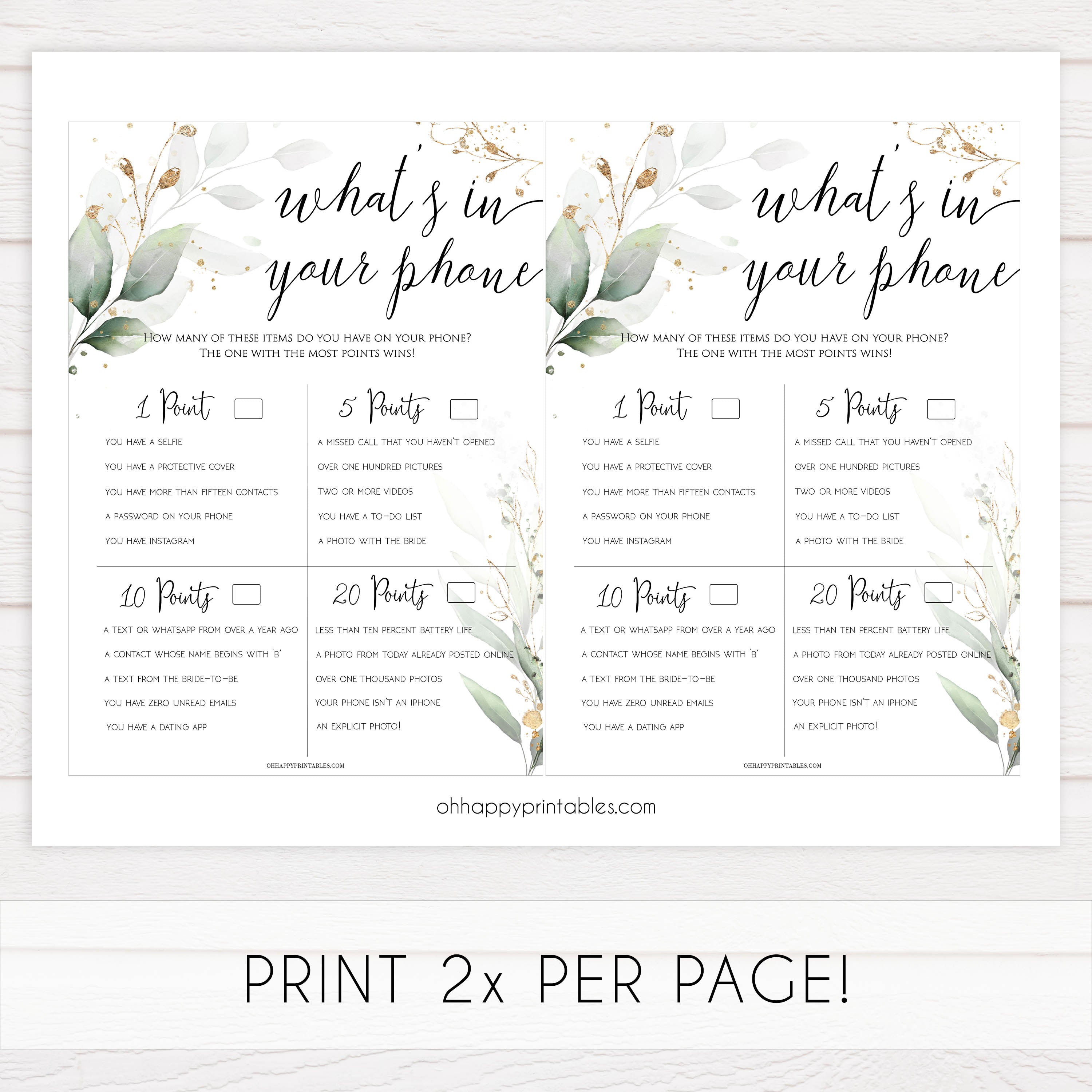 whats in your phone game, Printable bridal shower games, greenery bridal shower, gold leaf bridal shower games, fun bridal shower games, bridal shower game ideas, greenery bridal shower