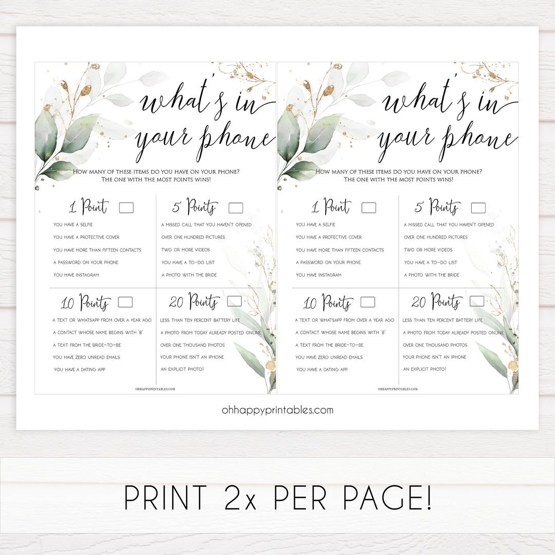 whats in your phone game, Printable bridal shower games, greenery bridal shower, gold leaf bridal shower games, fun bridal shower games, bridal shower game ideas, greenery bridal shower