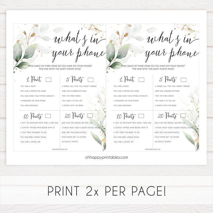 whats in your phone game, Printable bridal shower games, greenery bridal shower, gold leaf bridal shower games, fun bridal shower games, bridal shower game ideas, greenery bridal shower