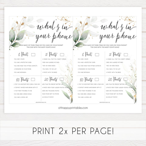 whats in your phone game, Printable bridal shower games, greenery bridal shower, gold leaf bridal shower games, fun bridal shower games, bridal shower game ideas, greenery bridal shower
