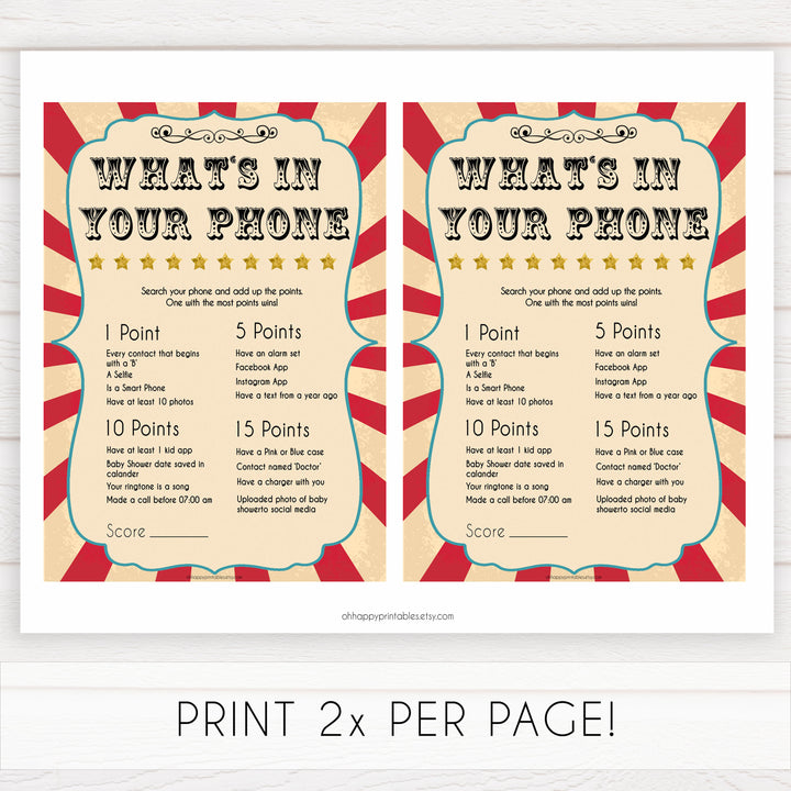 Circus whats in your phone baby shower games, circus baby games, carnival baby games, printable baby games, fun baby games, popular baby games, carnival baby shower, carnival theme