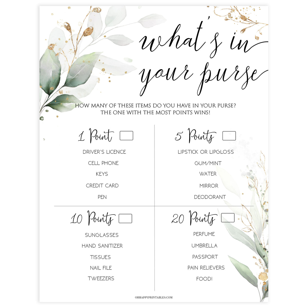 whats in your purse game, Printable bridal shower games, greenery bridal shower, gold leaf bridal shower games, fun bridal shower games, bridal shower game ideas, greenery bridal shower