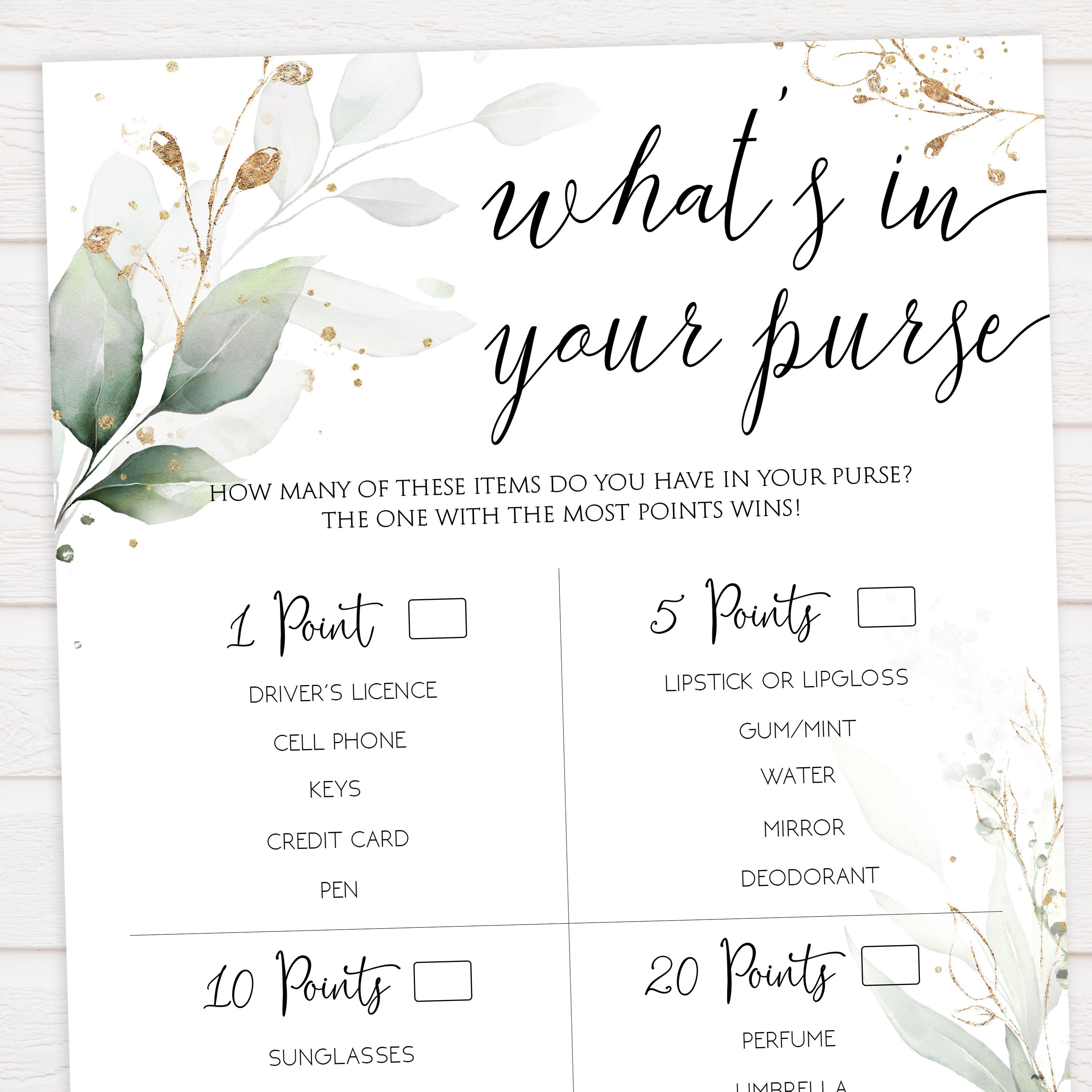 whats in your purse game, Printable bridal shower games, greenery bridal shower, gold leaf bridal shower games, fun bridal shower games, bridal shower game ideas, greenery bridal shower