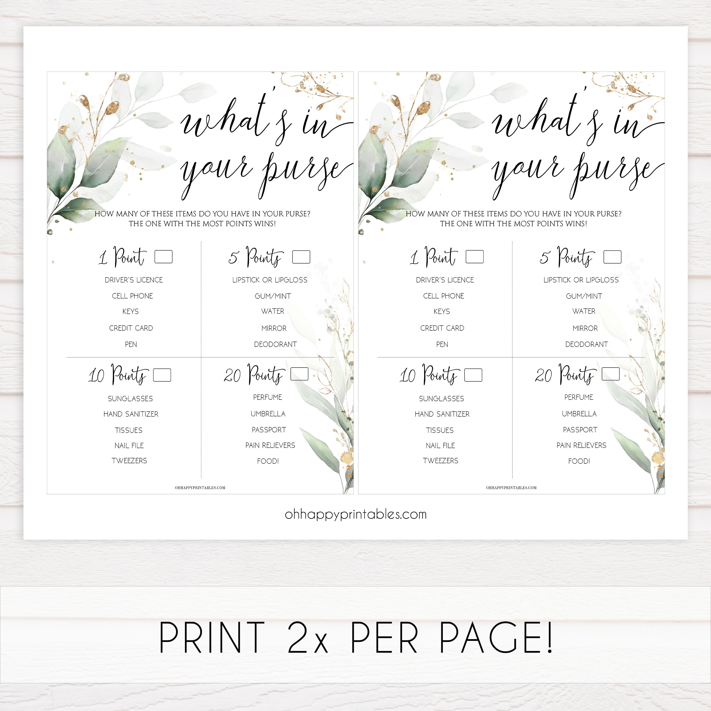 whats in your purse game, Printable bridal shower games, greenery bridal shower, gold leaf bridal shower games, fun bridal shower games, bridal shower game ideas, greenery bridal shower