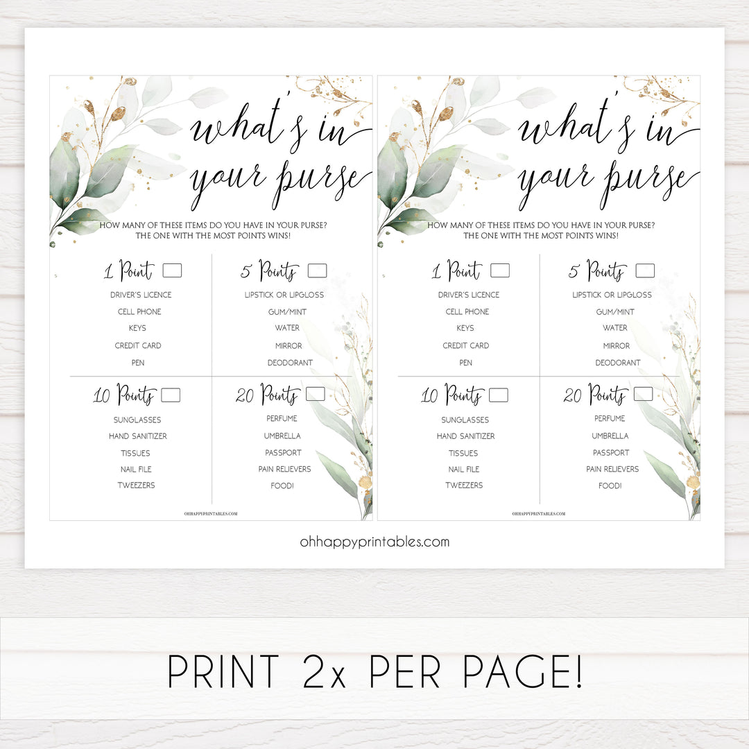 whats in your purse game, Printable bridal shower games, greenery bridal shower, gold leaf bridal shower games, fun bridal shower games, bridal shower game ideas, greenery bridal shower